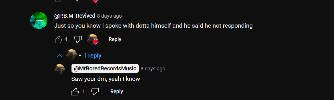 Comment thread: King Dotta said he is not responding to Mr Bored
