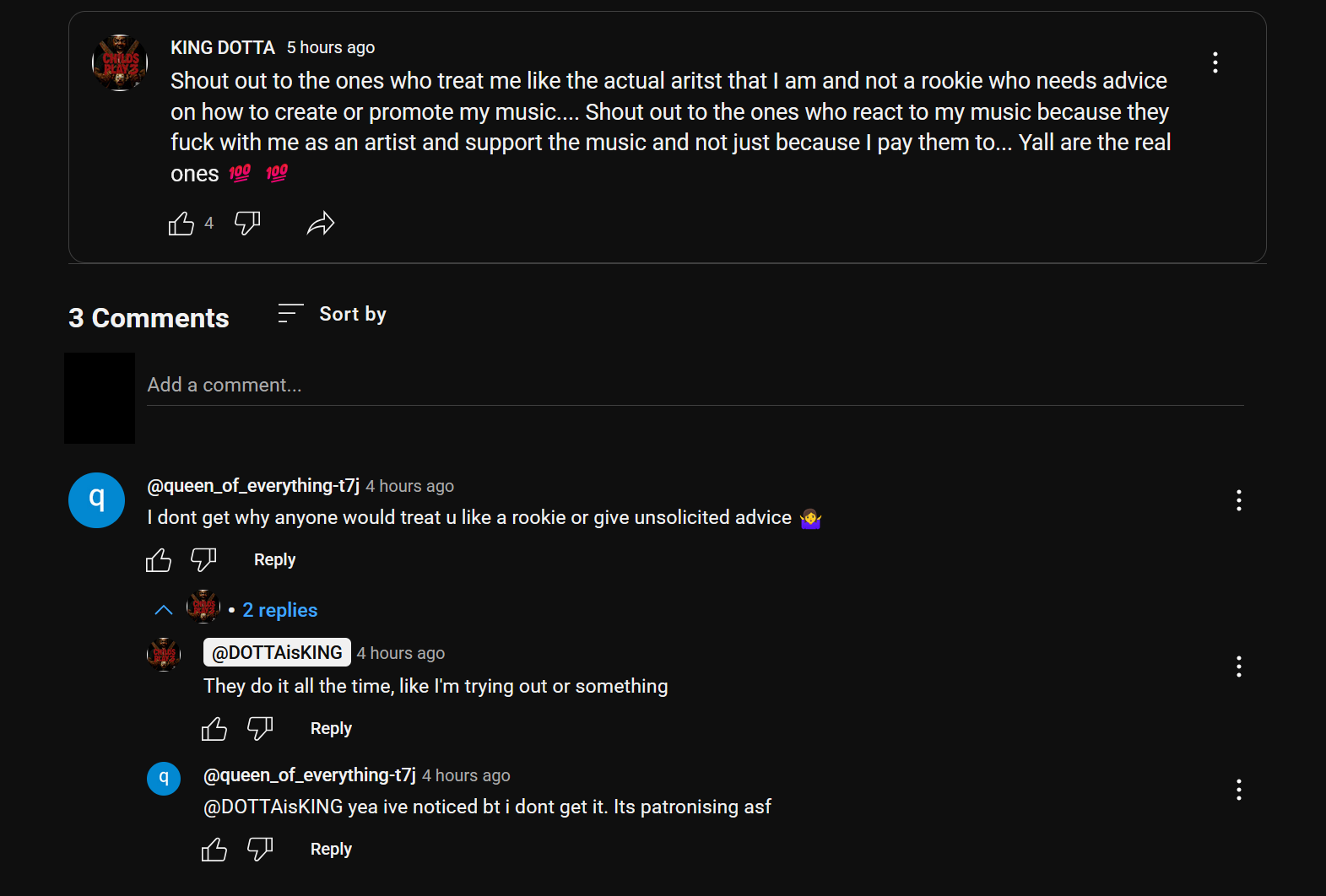 King Dotta post refusing advice and admitting he pays for reactions