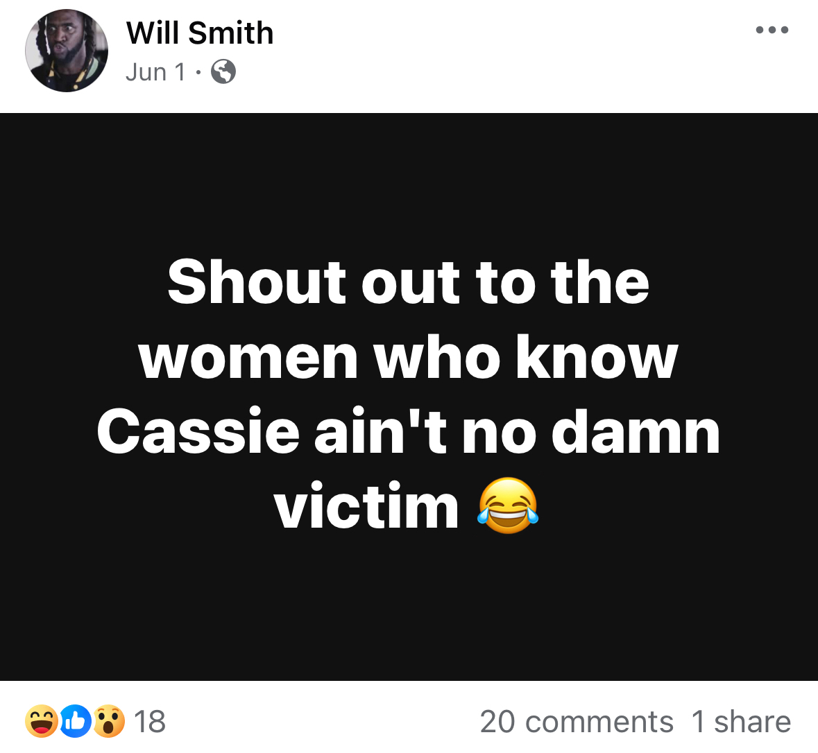 King Dotta Facebook post (under his real name Will Smith) dismissing Cassie as a victim