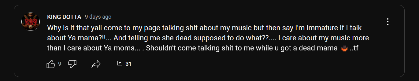 King Dotta comment taunting a critic about their dead mother