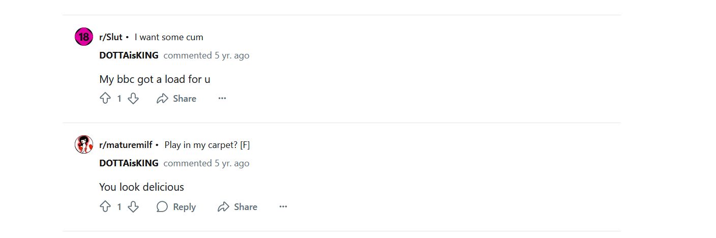 King Dotta Reddit comments on r/Slut and r/maturemilf under username DOTTAisKING